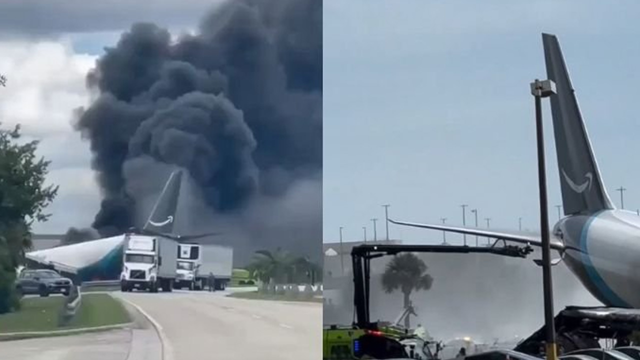 Avión de carga de Amazon se sale de la pista y se incendia en el aeropuerto de Miami